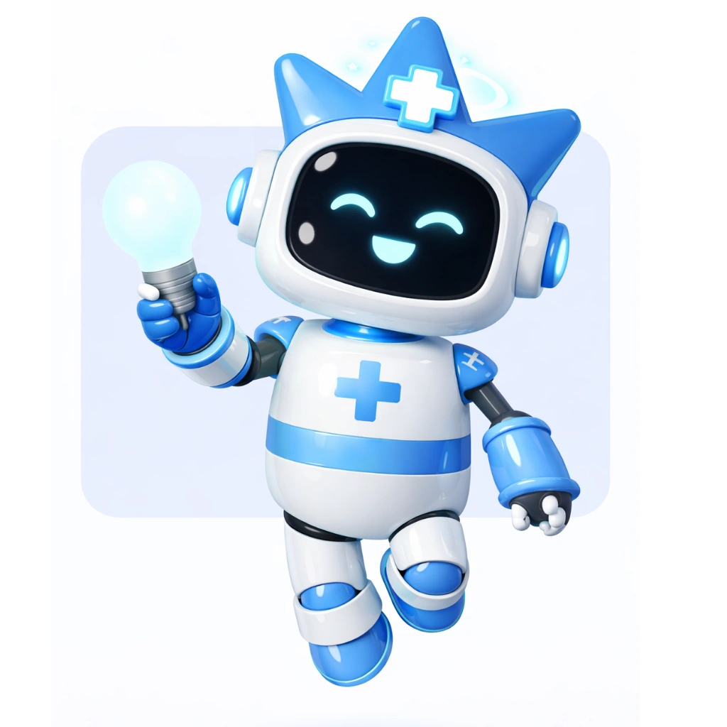Mascote Clinio segurando uma lâmpada