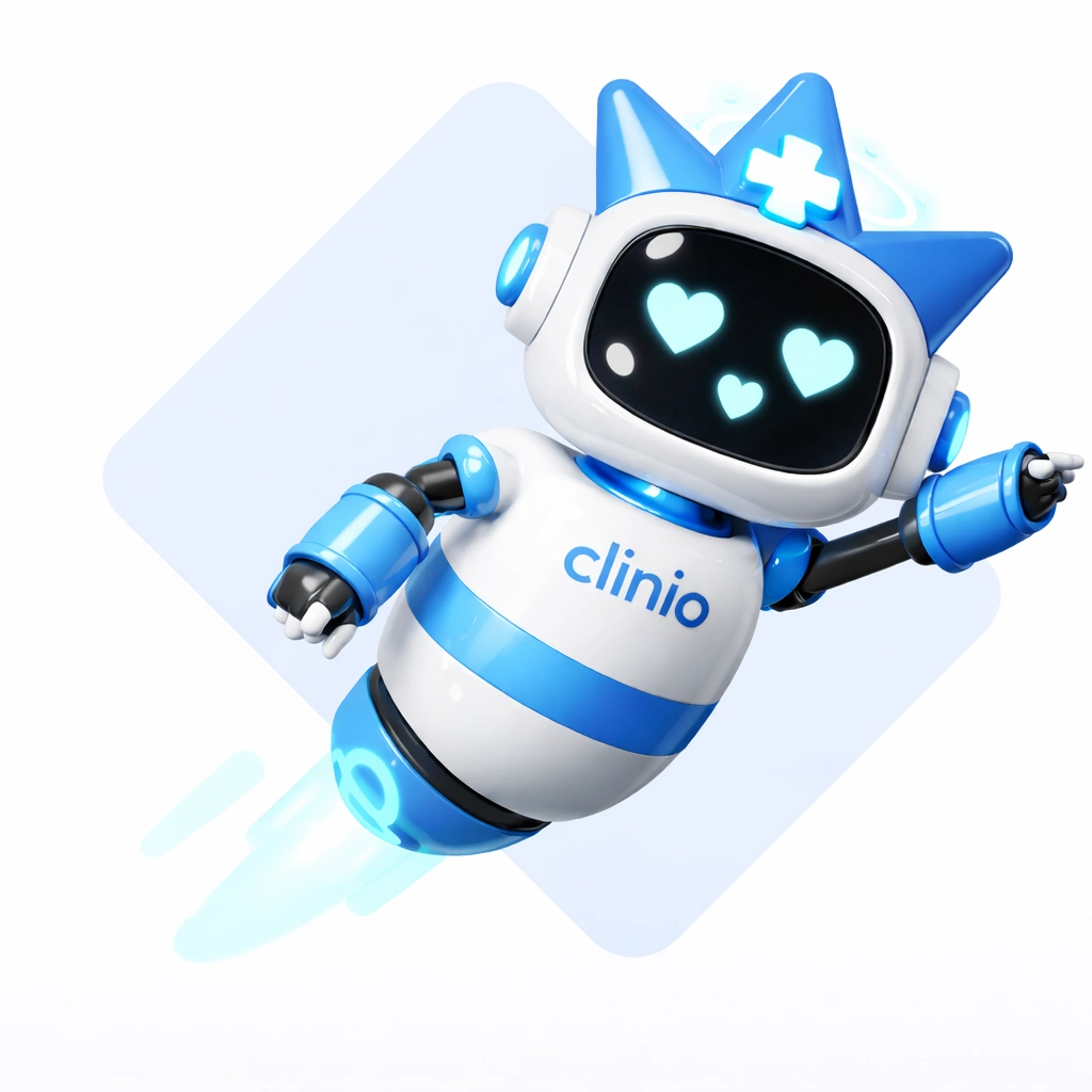 Mascote Clinio voando com olhos de coração