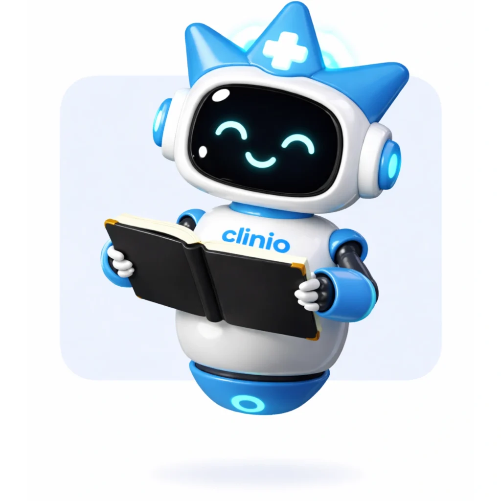 Mascote Clinio lendo um relatório