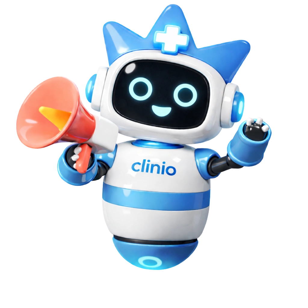 Mascote Clinio com um megafone